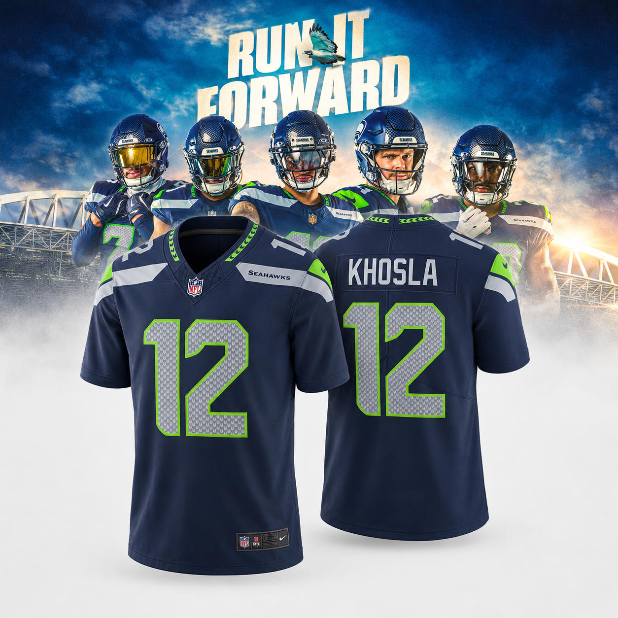 New Khoslas Owners on Seahawks Football Run It Forward 2026 Khosla 12 Football Jersey NFL Fan Apparel Navy Blue Game Style