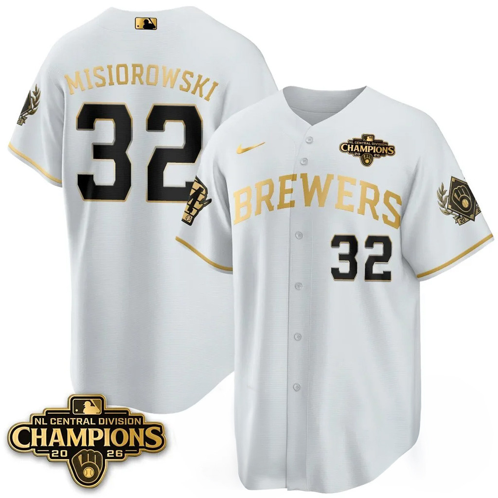 #32 Jacob Misiorowski Jersey Shirt White Milwaukee Brewers NL Central Champions Merch 2026