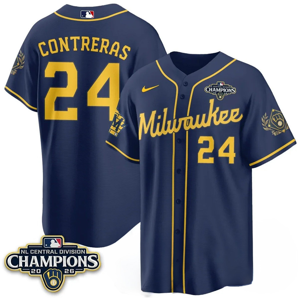 #24 William Contreras Jersey Shirt Navy Milwaukee Brewers NL Central Champions Merch 2026