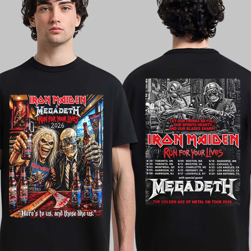 Iron Maiden X Megadeth Merch Run For Your Lives 2026 Tour Eddie And Vic Drinking Beer T-Shirt