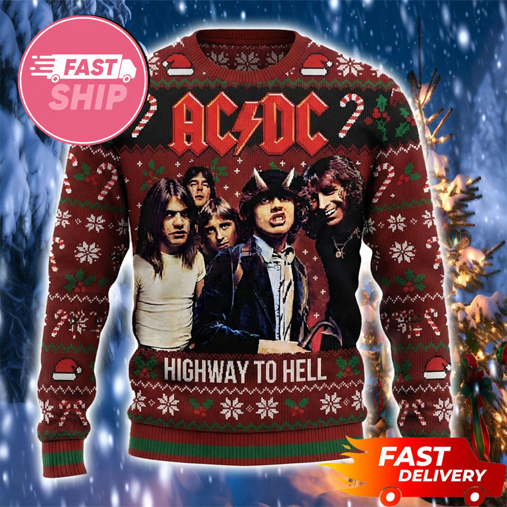 AC DC High Way To Hell Photo Graphic Red Rum Christmas Ugly Sweater AC DC Merch Fan Gifts