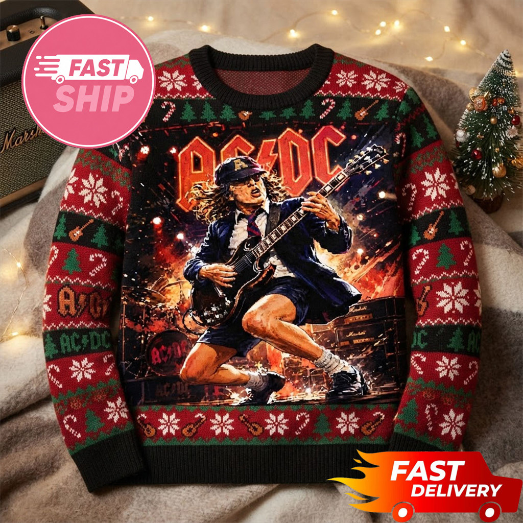 ACDC Angus Young Rock N Roll Guitar Christmas Ugly Sweater ACDC Merch Xmas Gift For Fans