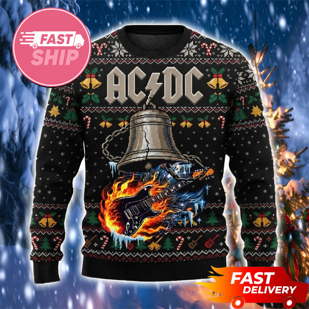ACDC Hells Bells Fire Guitar Pwr Up Tour 2026 Christmas Ugly Sweater ACDC Merch Fan Gifts