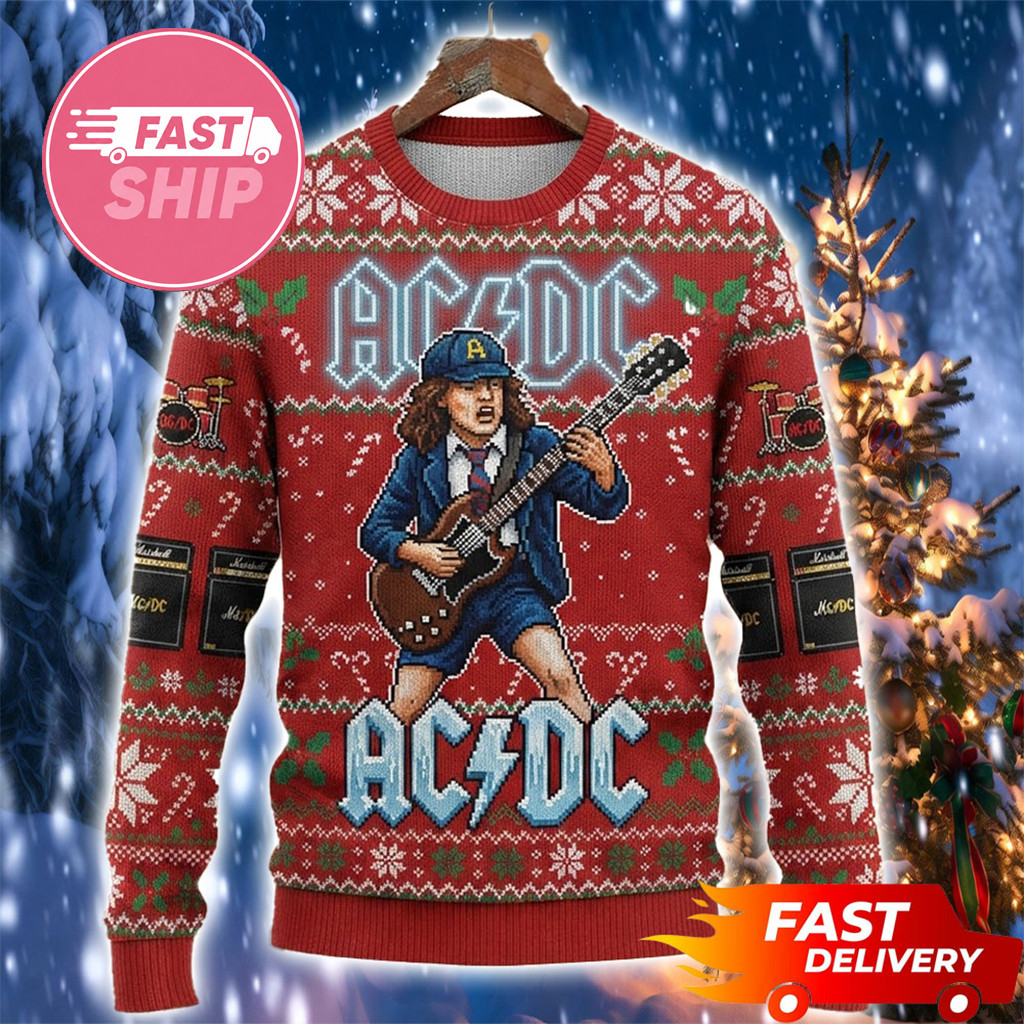 Angus Young Play Guitar 2026 Red Rock Pattern Christmas Ugly Sweater ACDC Merch Music Fan Gifts
