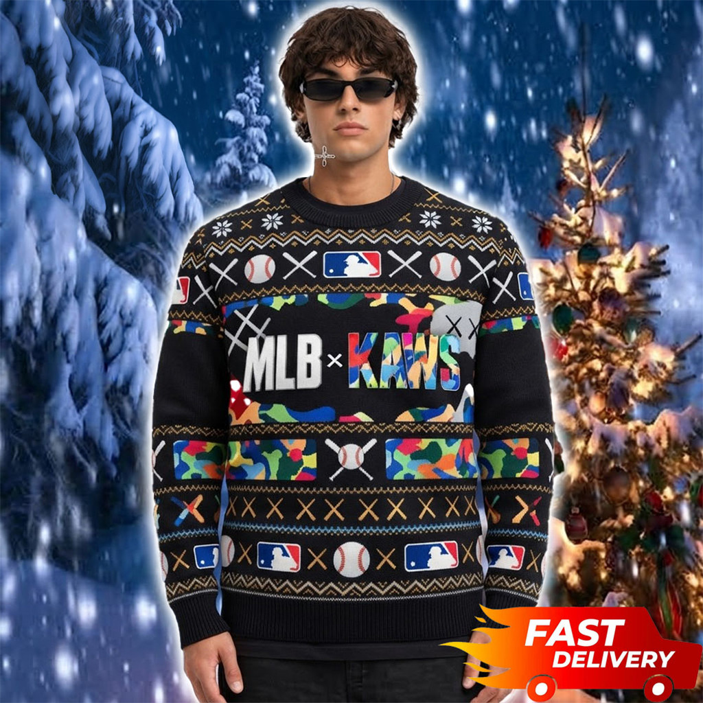 Baseball X KAWS Baseball Logo Camo Colorful Christmas Ugly Sweater Xmas Gift For Fans