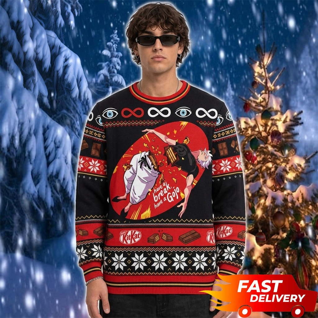 Gojo Satoru Parody Have A Break Kit Kat Christmas Ugly Sweater Jujutsu Kaisen Merch Funny Gifts