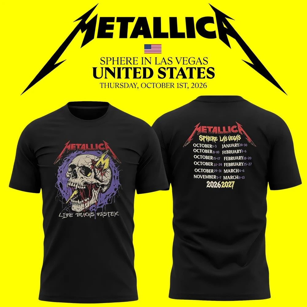 Metallica Las Vegas NV Life Burns Faster Tour 2026 2027 The Sphere Skull Shirt Metallica Merch 1 - Unicasport Metallica Las Vegas NV Life Burns Faster Tour 2026 2027 The Sphere Skull Shirt Metallica Merch
