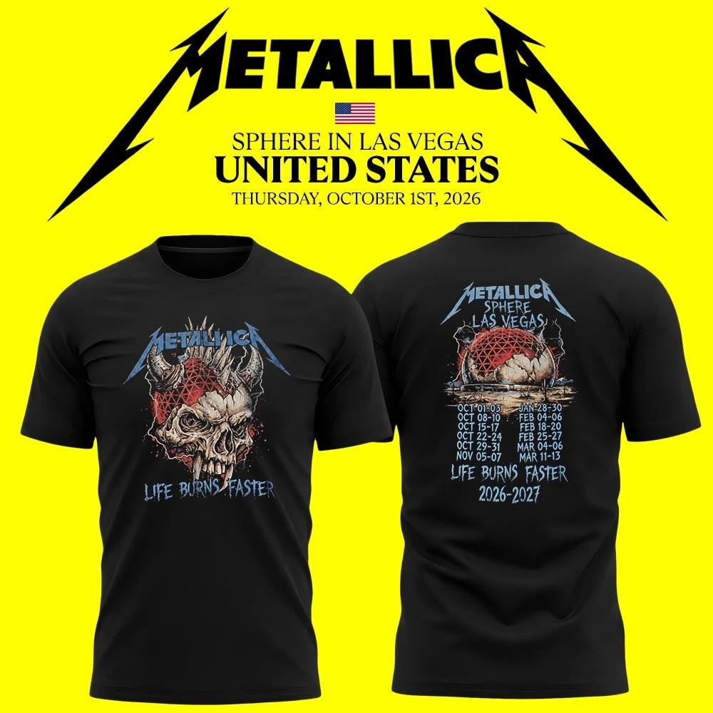 Metallica Sphere Las Vegas NV Life Burns Faster Tour 2026 2027 Skull T-Shirt Metallica Merch 1 - Unicasport Metallica Sphere Las Vegas NV Life Burns Faster Tour 2026 2027 Skull T-Shirt Metallica Merch