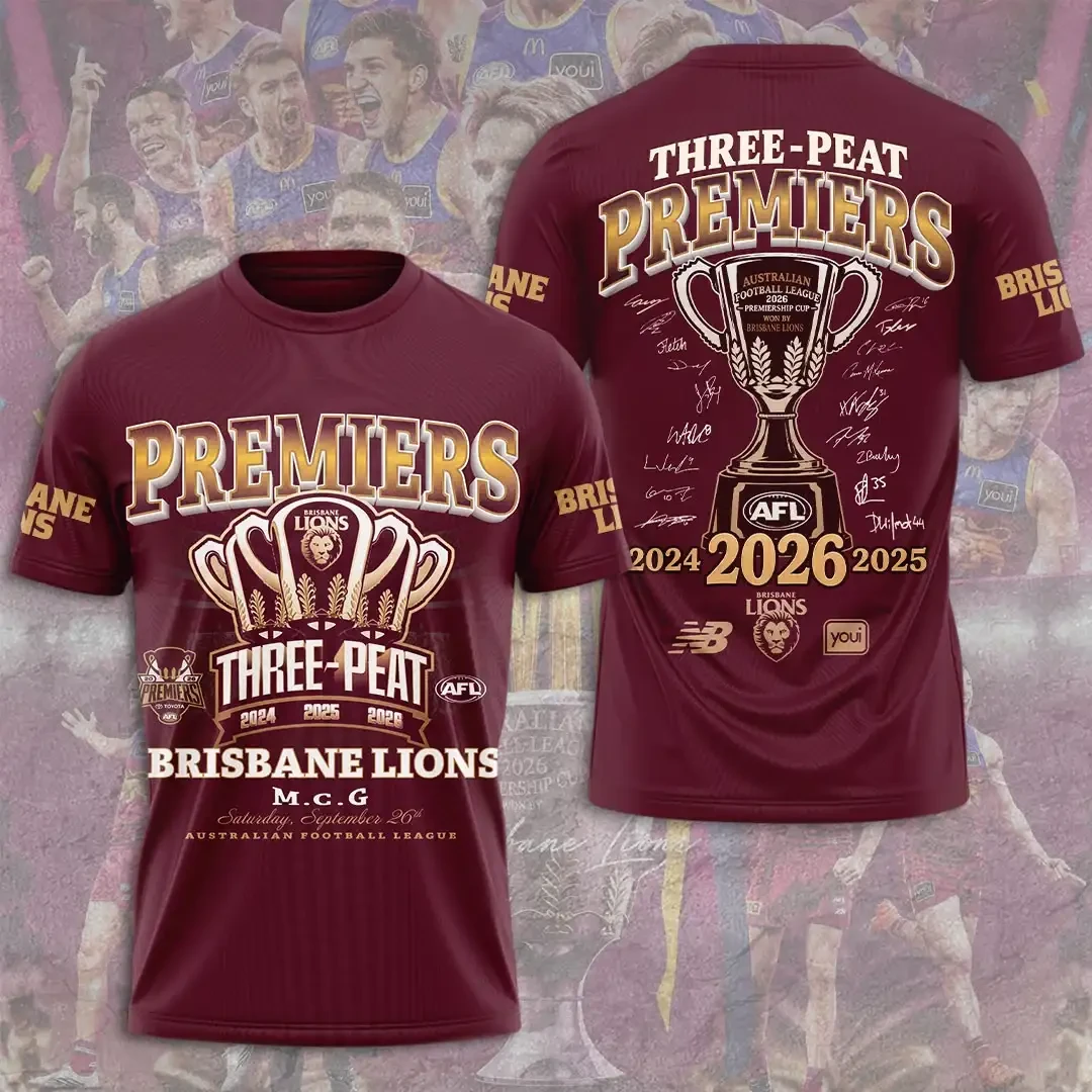 Brisbane Lions Threepeat Premiers 2024 2025 2026 T-Shirt Brisbane Lions Merch AFL Fan Gift 1 - Unicasport Brisbane Lions Threepeat Premiers 2024 2025 2026 T-Shirt Brisbane Lions Merch AFL Fan Gift