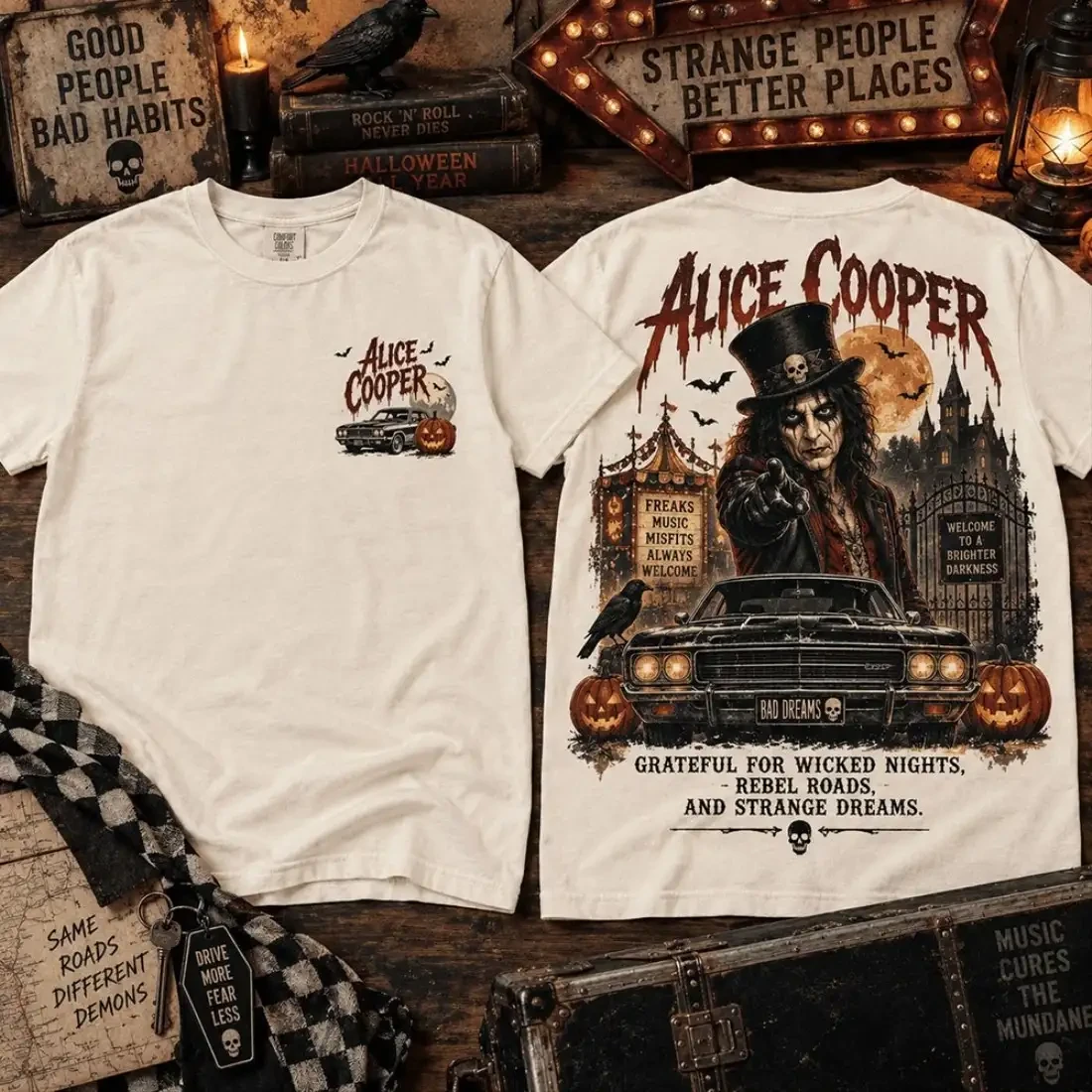 Alice Cooper Halloween Merch Grateful For Wicked Nights Rebel Roads And Strange Dreams T-Shirt 1 - Unicasport Alice Cooper Halloween Merch Grateful For Wicked Nights Rebel Roads And Strange Dreams T-Shirt