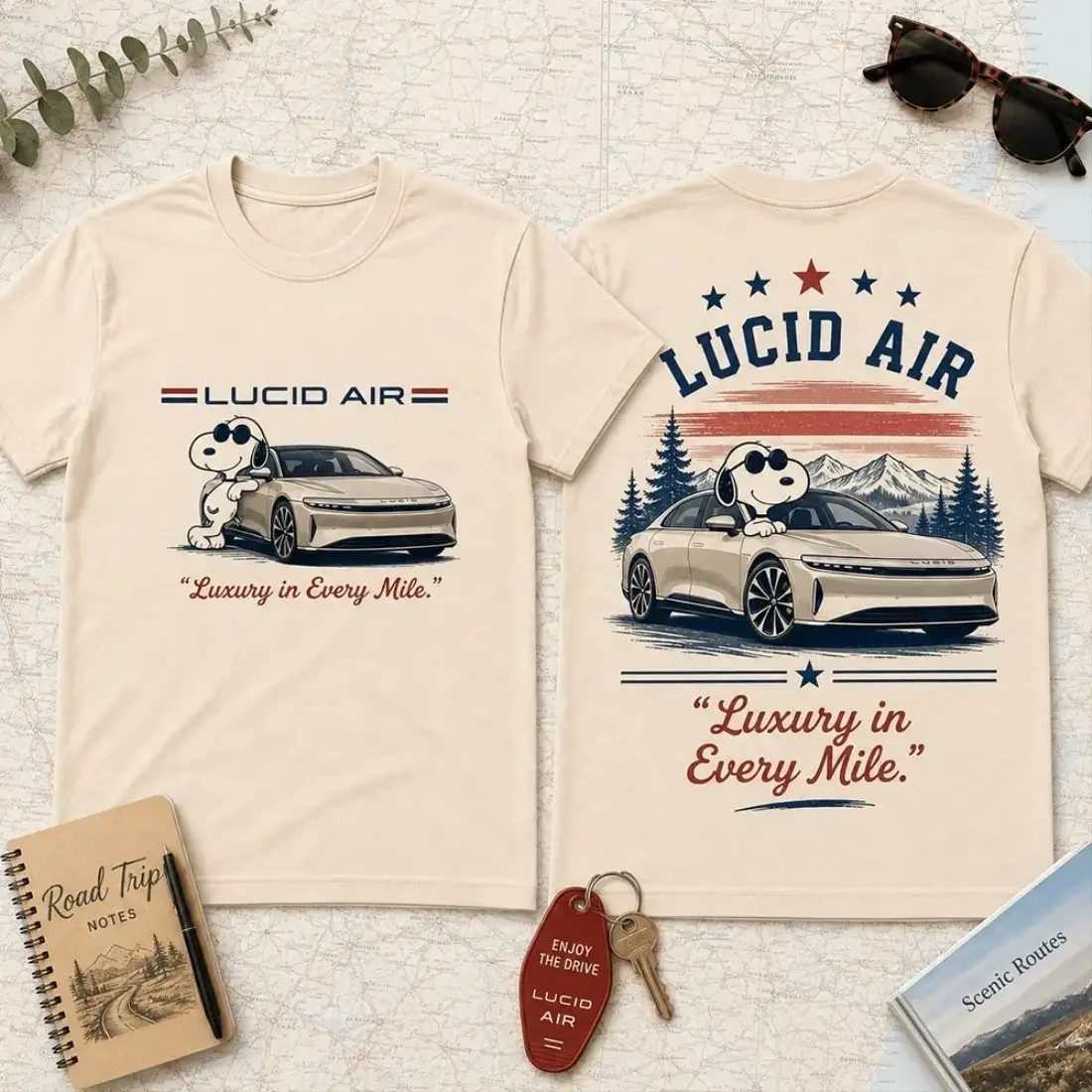 Lucid Air Snoopy Luxury Electric Road Trip T-Shirt EV Adventure Apparel Gifts For Car Lovers 1 - Unicasport Lucid Air Snoopy Luxury Electric Road Trip T-Shirt EV Adventure Apparel Gifts For Car Lovers
