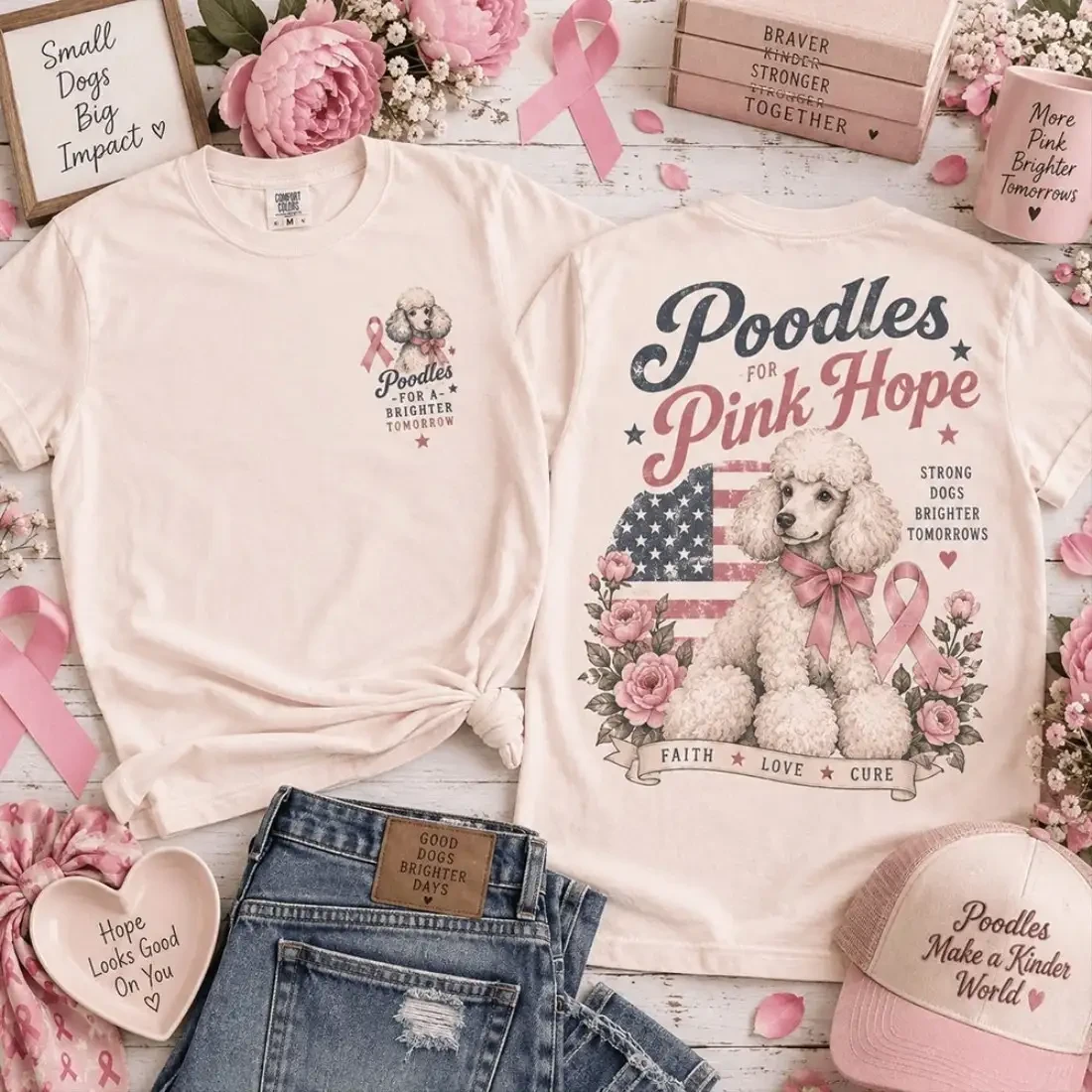 Poodles For Pink Hope T-Shirt Breast Cancer Awareness Apparel Cute Gift For Poodles Lovers