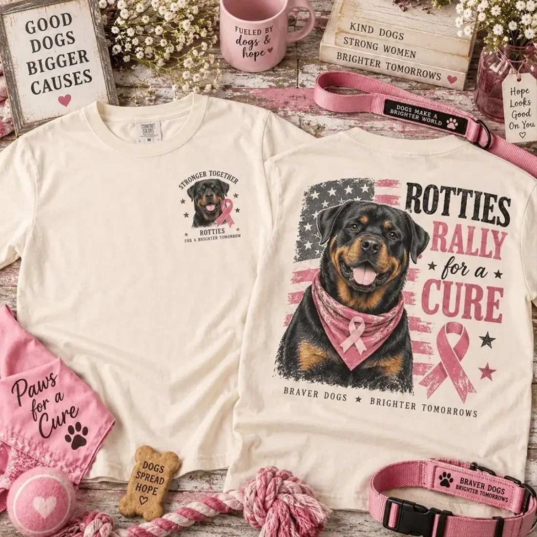 Rottweiler Rally For A Cure Pink Ribbon T-Shirt Breast Cancer Awareness Apparel Dog Lover Gifts