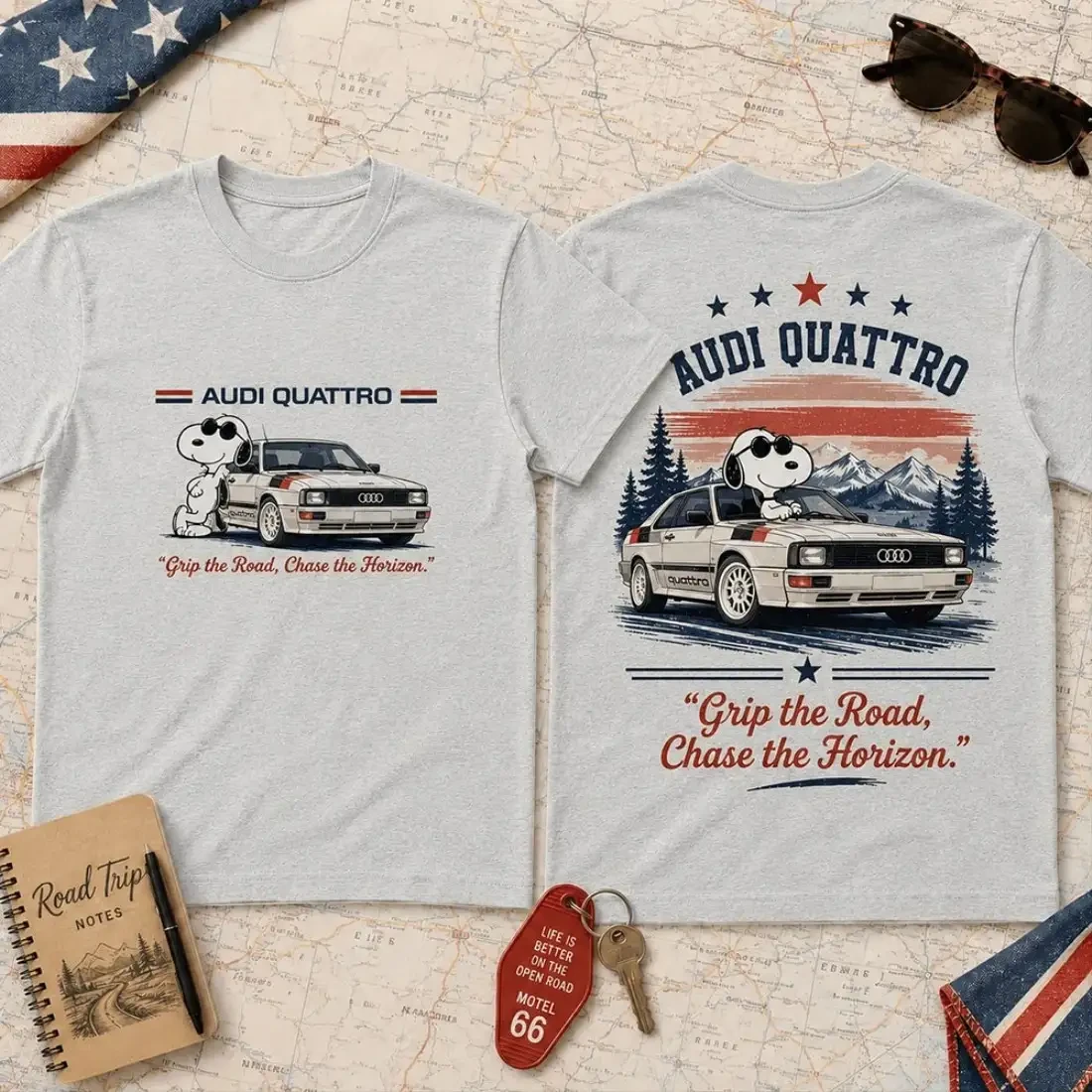 Audi Quattro Snoopy Merch Grip The Road Chase The Horizon T-Shirt Gift For Car Lovers 1 - Unicasport Audi Quattro Snoopy Merch Grip The Road Chase The Horizon T-Shirt Gift For Car Lovers