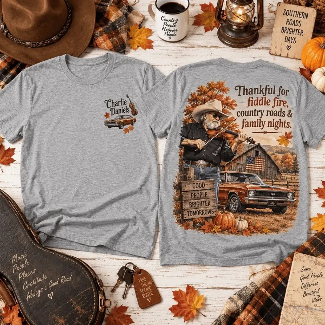 Charlie Daniels Merch Thankful For Fiddle Fire Country Roads And Family Nights T-Shirt Gifts