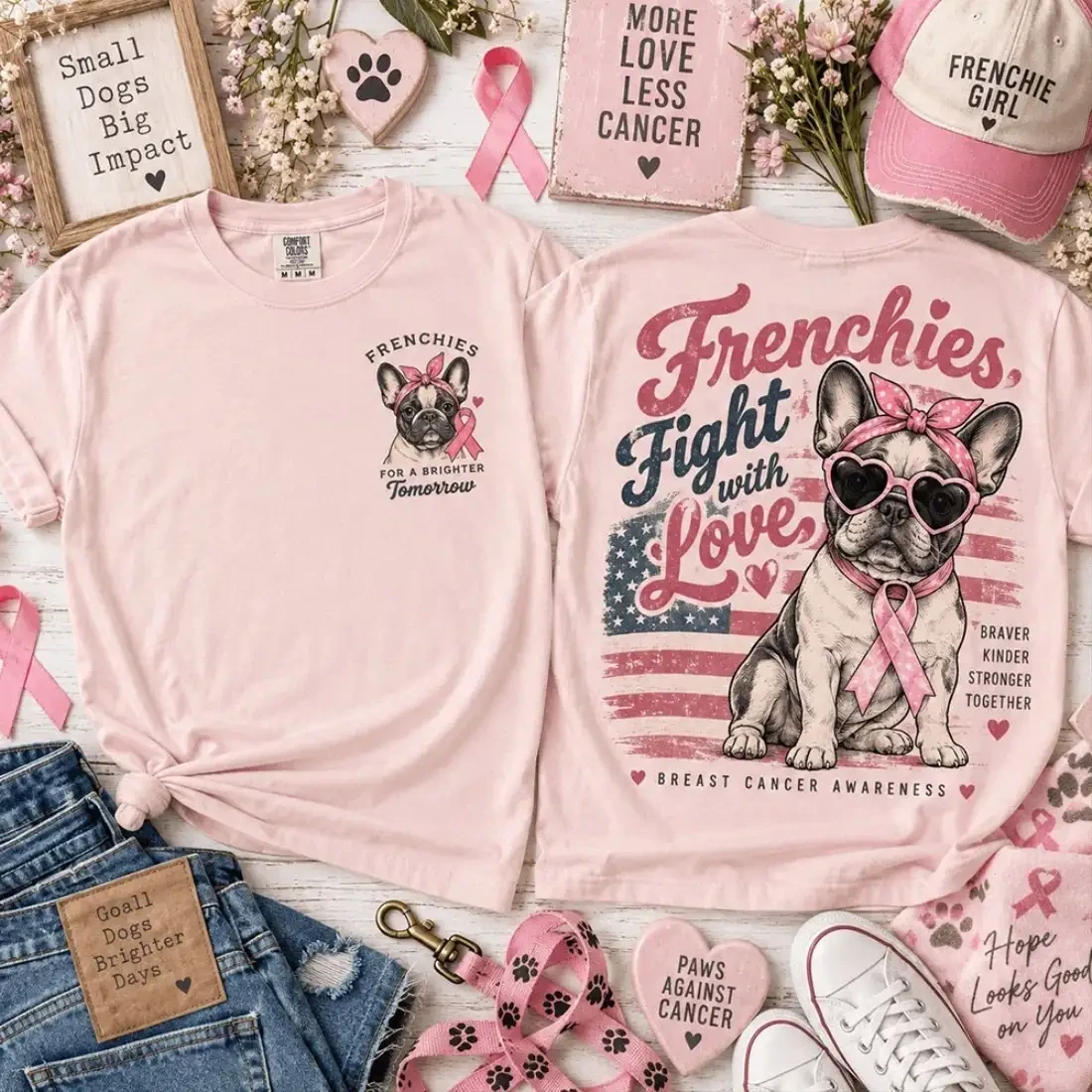 Frenchies Bulldog Fight With Love T-Shirt Breast Cancer Awareness Shirt Gift For Dog Lovers 1 - Unicasport Frenchies Bulldog Fight With Love T-Shirt Breast Cancer Awareness Shirt Gift For Dog Lovers