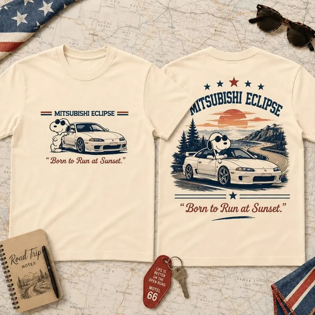 Snoopy x Mitsubishi Eclipse Sunset Street Racing T-Shirt JDM Car Apparel Gifts For Racing Fans 1 - Unicasport Snoopy x Mitsubishi Eclipse Sunset Street Racing T-Shirt JDM Car Apparel Gifts For Racing Fans