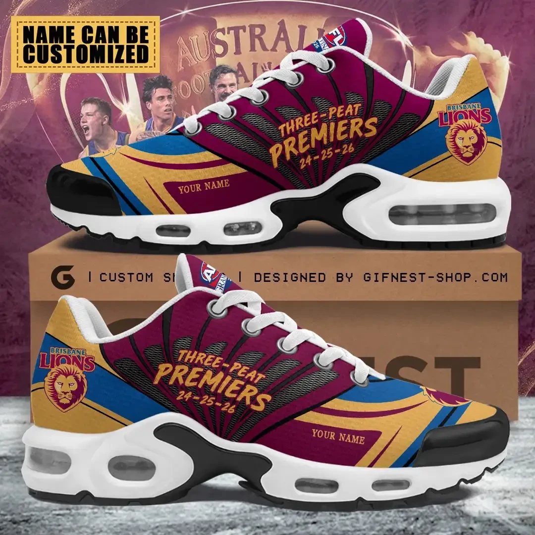 Personalized Brisbane Lions Three Peat Premiers Sneakers Brisbane Lions Merch AFL Fan Gifts