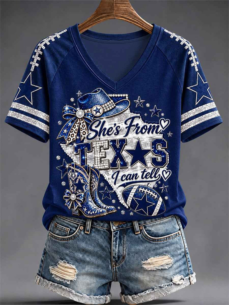 Dallas Cowboys Merch She From Texas I Can Tell V-Neck Shirt NFL Shirt Football Fan Gifts 1 - Unicasport Dallas Cowboys Merch She From Texas I Can Tell V-Neck Shirt NFL Shirt Football Fan Gifts