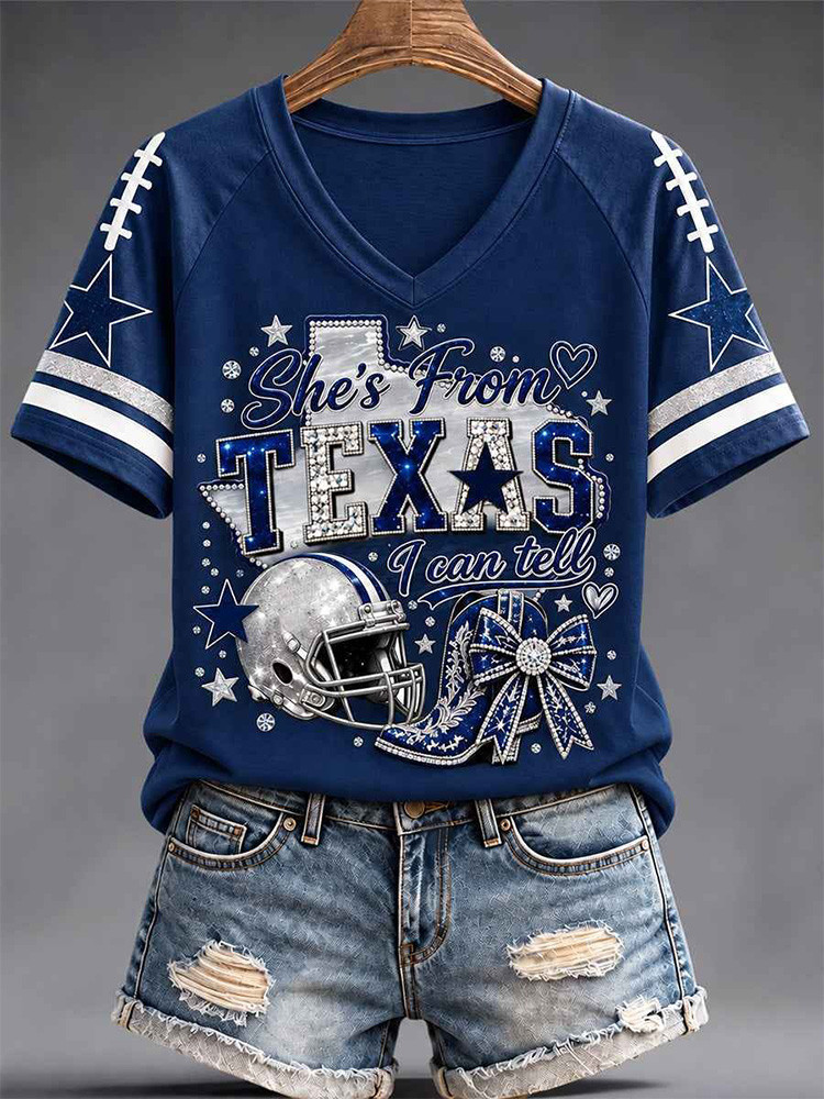 Dallas Cowboys Merch She From Texas I Can Tell V-Neck Shirt NFL Outfit Football Fan Gifts 1 - Unicasport Dallas Cowboys Merch She From Texas I Can Tell V-Neck Shirt NFL Outfit Football Fan Gifts