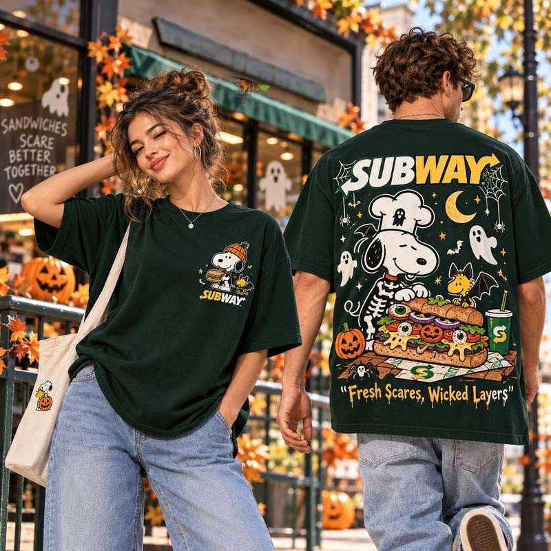 Snoopy x Subway Merch Halloween Sandwich Chef Ghost Pumpkin Fresh Scares Wicked Layers T-Shirt Gift For Him