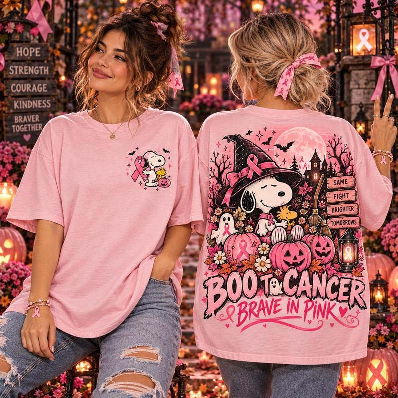 Snoopy Halloween Merch x Breast Cancer Awareness Boo To Cancer Brave In Pink T-Shirt Gift For Bestie 1 - Unicasport Snoopy Halloween Merch x Breast Cancer Awareness Boo To Cancer Brave In Pink T-Shirt Gift For Bestie
