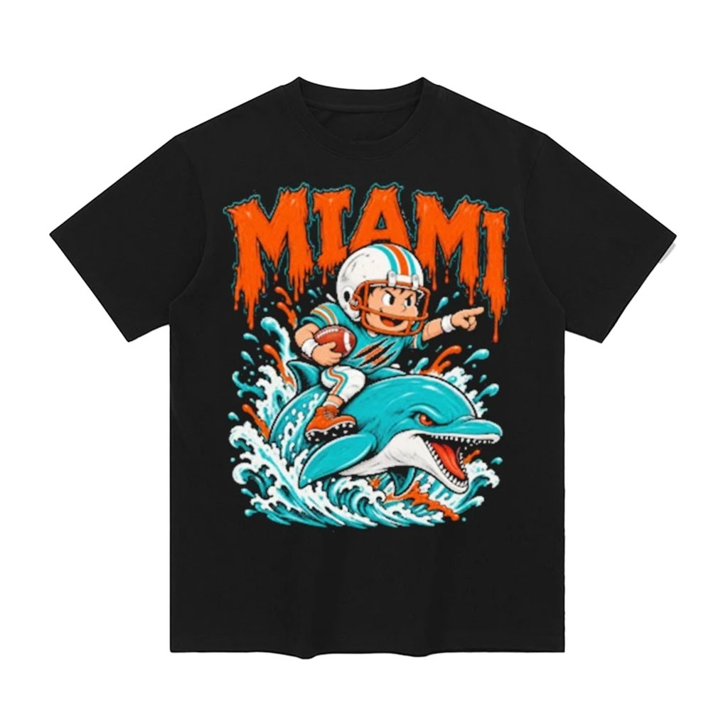 Miami Dolphins Merch Mascot Caricature Kid Riding Dolphin Bootleg Shirt Streetwear Gameday Tee 1 - Unicasport Miami Dolphins Merch Mascot Caricature Kid Riding Dolphin Bootleg Shirt Streetwear Gameday Tee