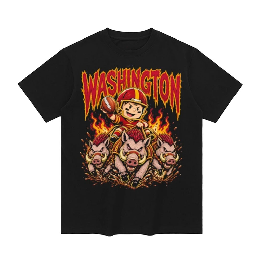 Washington Football Cartoon Mascot Riding Three Hogs Boars Fire Flames T-Shirt Commanders Merch 1 - Unicasport Washington Football Cartoon Mascot Riding Three Hogs Boars Fire Flames T-Shirt Commanders Merch