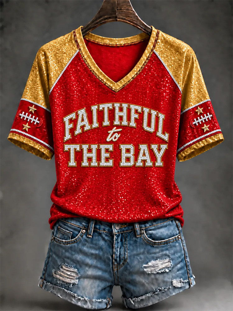San Francisco 49ers Merch Faithful To The Bay V-Neck Shirt NFL Outfit Gift Idea 1 - Unicasport San Francisco 49ers Merch Faithful To The Bay V-Neck Shirt NFL Outfit Gift Idea