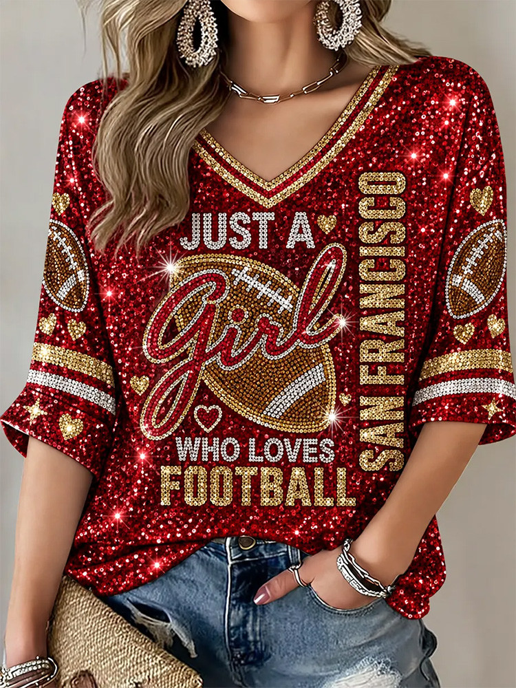 San Francisco 49ers Merch Just A Girl Who Loves Football V-Neck Shirt NFL Outfit Football Fan Gifts