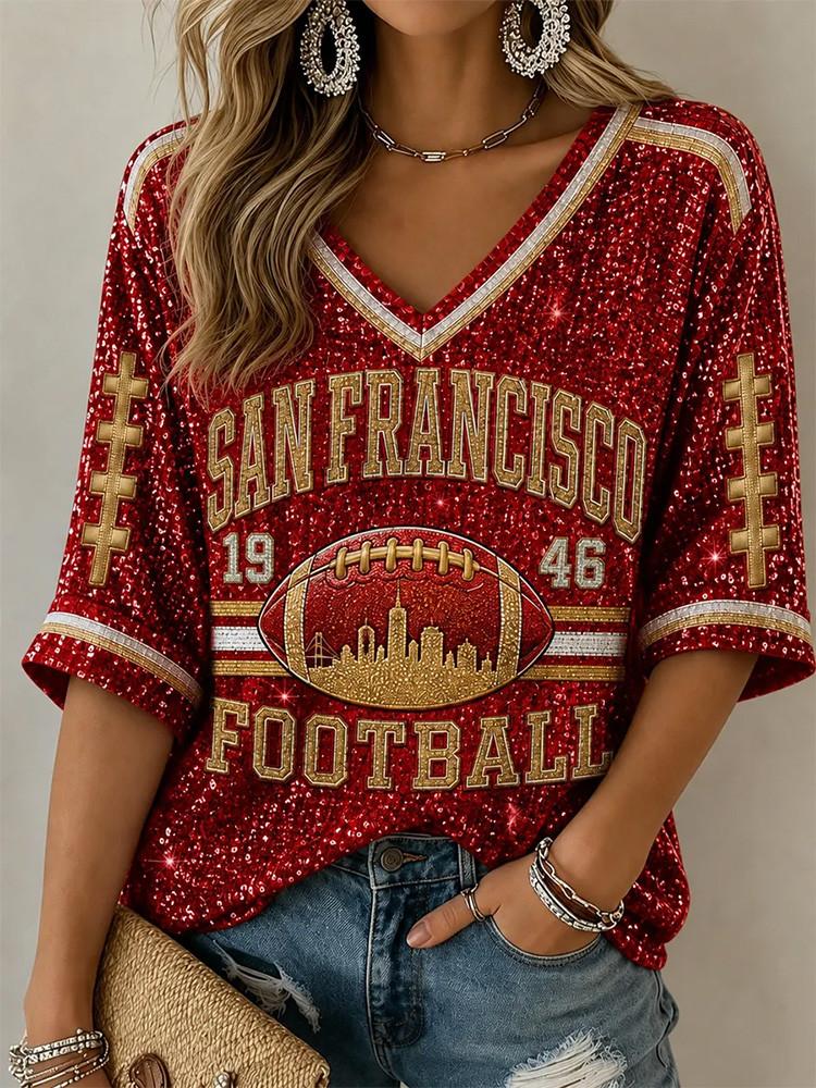 San Francisco 49ers Merch San Francisco 1946 Football Mid Sleeves V-Neck Shirt NFL Outfit Gifts Idea