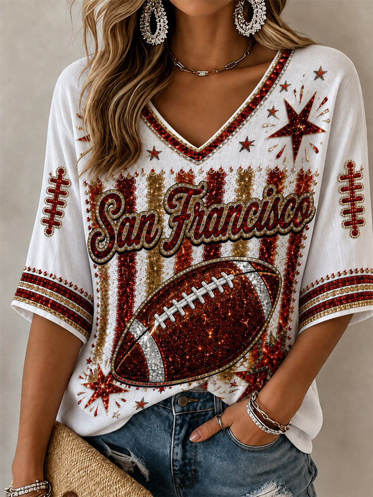 San Francisco 49ers Merch San Francisco Mid Sleeves V-Neck Shirt NFL Outfit Gift For 49ers Lovers
