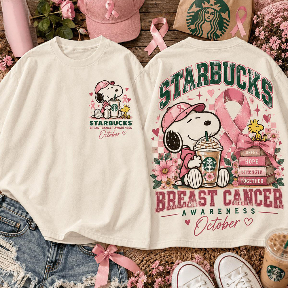 Snoopy X Starbucks Merch Pink Ribbon Breast Cancer Awareness Shirt Gifts For Cancer Supporters 1 - Unicasport Snoopy X Starbucks Merch Pink Ribbon Breast Cancer Awareness Shirt Gifts For Cancer Supporters