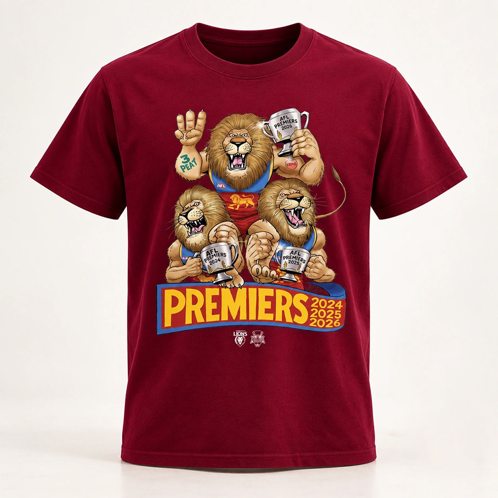 Brisbane Lions 2026 AFL Premiers Mark Knight Cartoon T-Shirt Brisbane Lions Three Peat Merch 1 - Unicasport Brisbane Lions 2026 AFL Premiers Mark Knight Cartoon T-Shirt Brisbane Lions Three Peat Merch