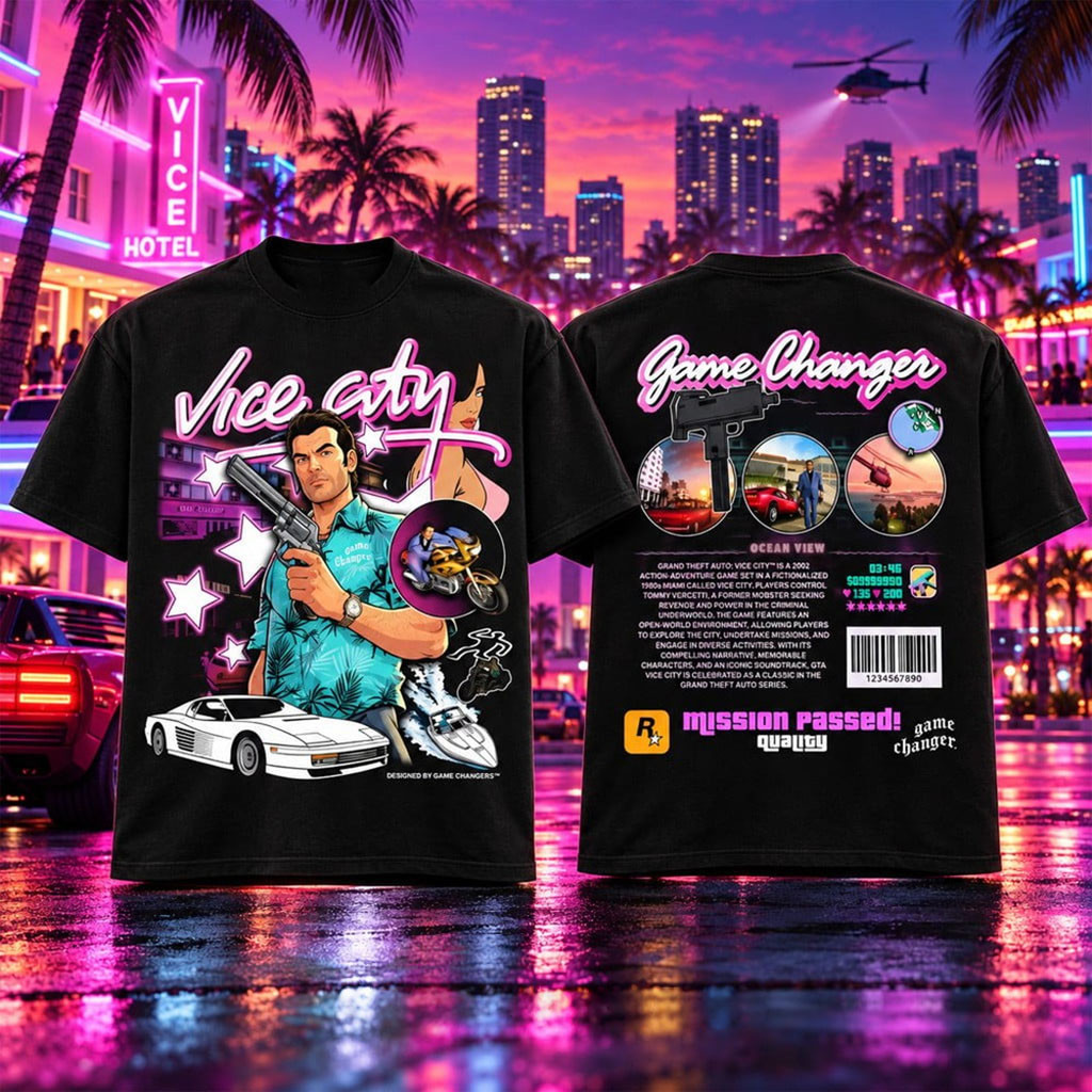 Grand Theft Auto Vice City Game Changer Black Graphic T-Shirt GTA Merch Present For Gamers 1 - Unicasport Grand Theft Auto Vice City Game Changer Black Graphic T-Shirt GTA Merch Present For Gamers