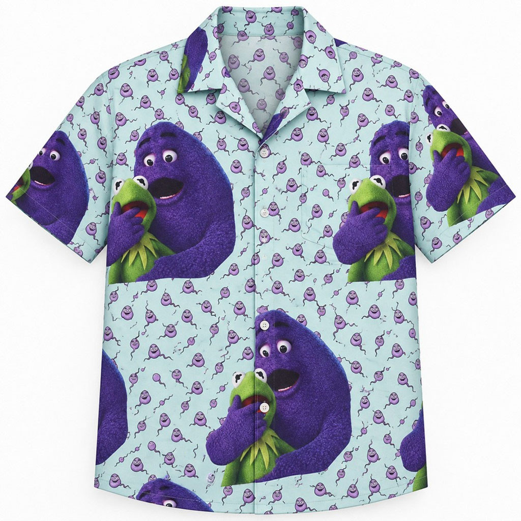 Grimace X Kermit Funny Meme Cartoon Hawaiian Shirt Grimace Merch Gift For Husband 1 - Unicasport Grimace X Kermit Funny Meme Cartoon Hawaiian Shirt Grimace Merch Gift For Husband