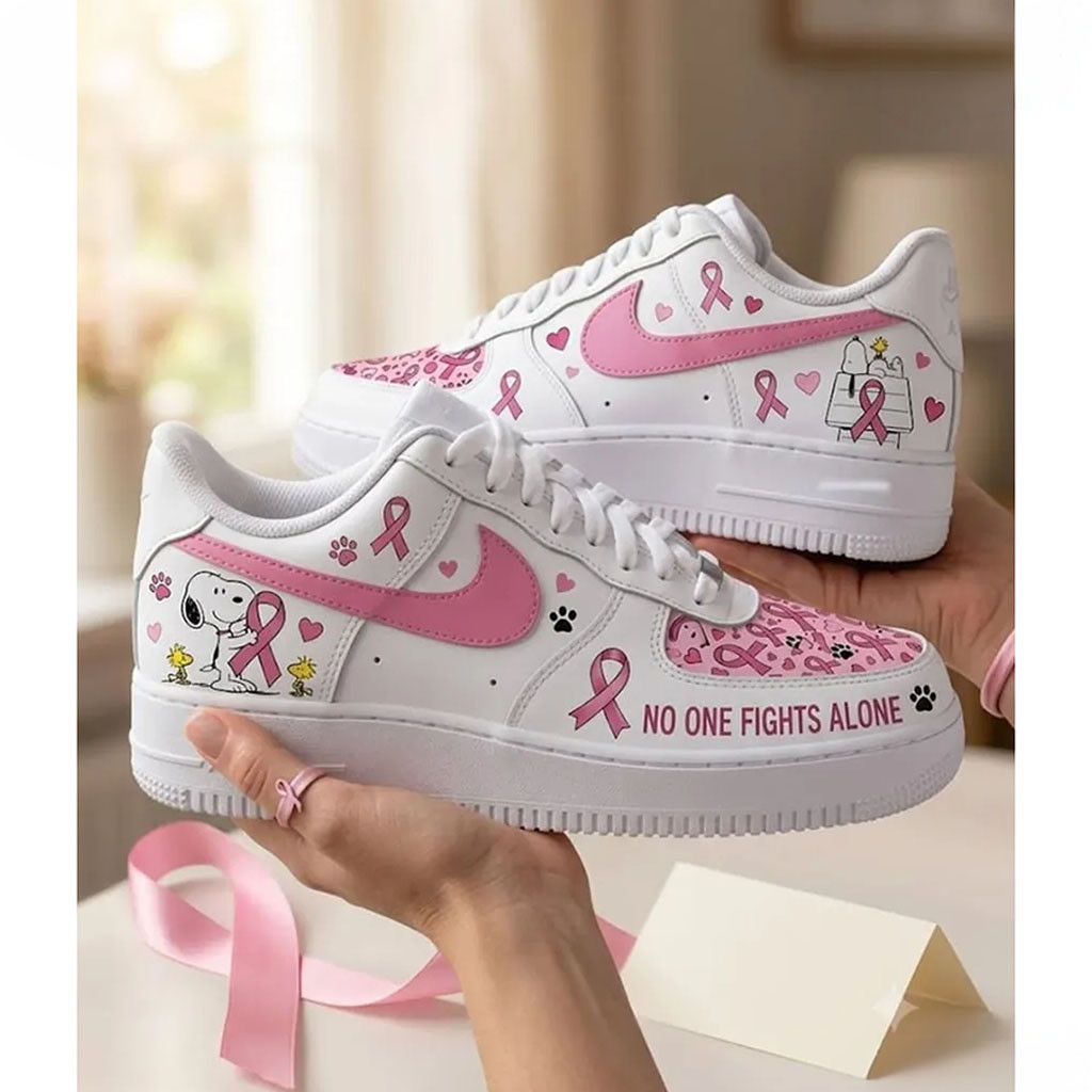Snoopy Breast Cancer Awareness Sneakers No One Fights Alone Shoes Snoopy Merch Gift For Her 1 - Unicasport Snoopy Breast Cancer Awareness Sneakers No One Fights Alone Shoes Snoopy Merch Gift For Her