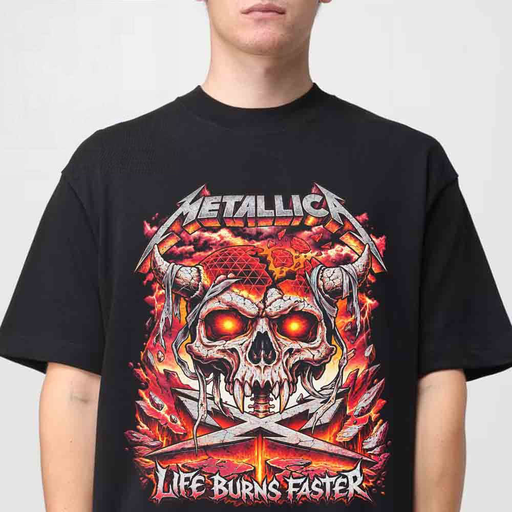 Metallica Merch Life Burns Faster Sphere Las Vegas Horned Skull T-Shirt Gift For Fans