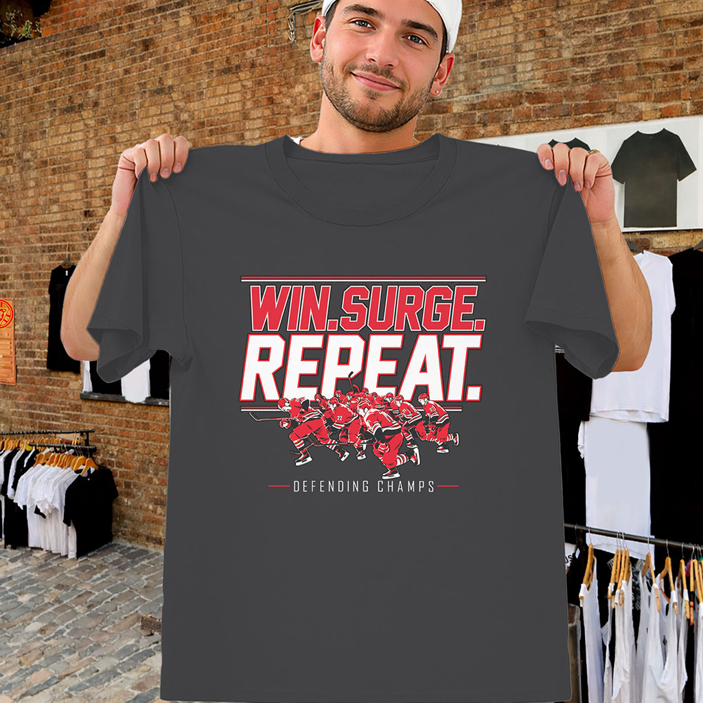 Win Surge Repeat Shirt Carolina Hockey Defending Champs Tee Hurricanes Merch Fan Gifts