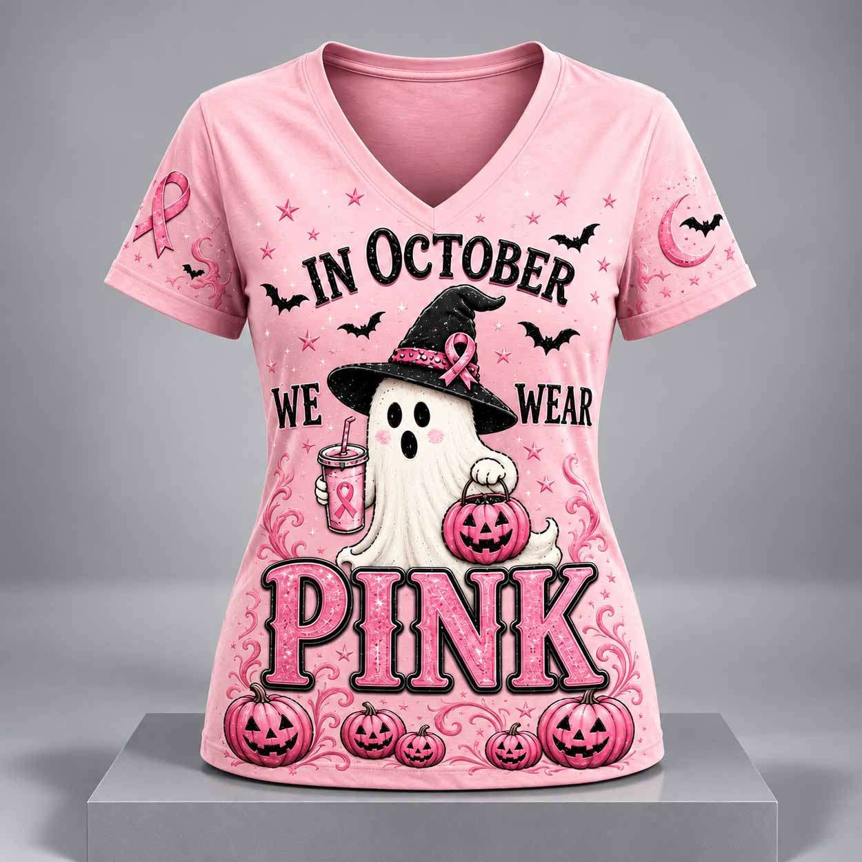 In October We Wear Pink Ghost V-Neck Shirt Halloween Clothing Breast Survivor Gifts For Her 1 - Unicasport In October We Wear Pink Ghost V-Neck Shirt Halloween Clothing Breast Survivor Gifts For Her