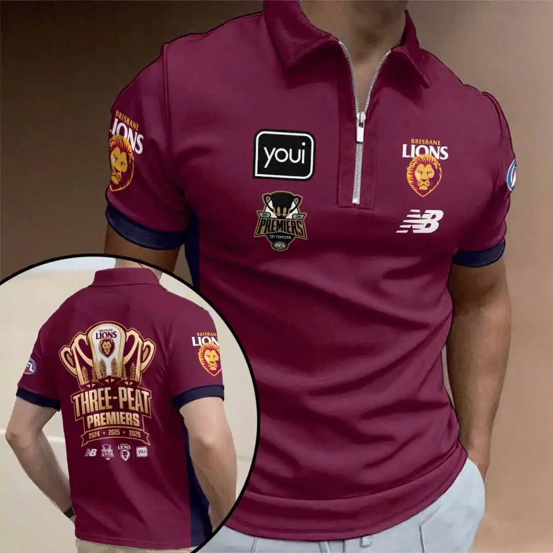 Brisbane Lions Merch Three Peat Premiers Brisbane Lions Zip Polo Shirt Gifts For AFL Fans