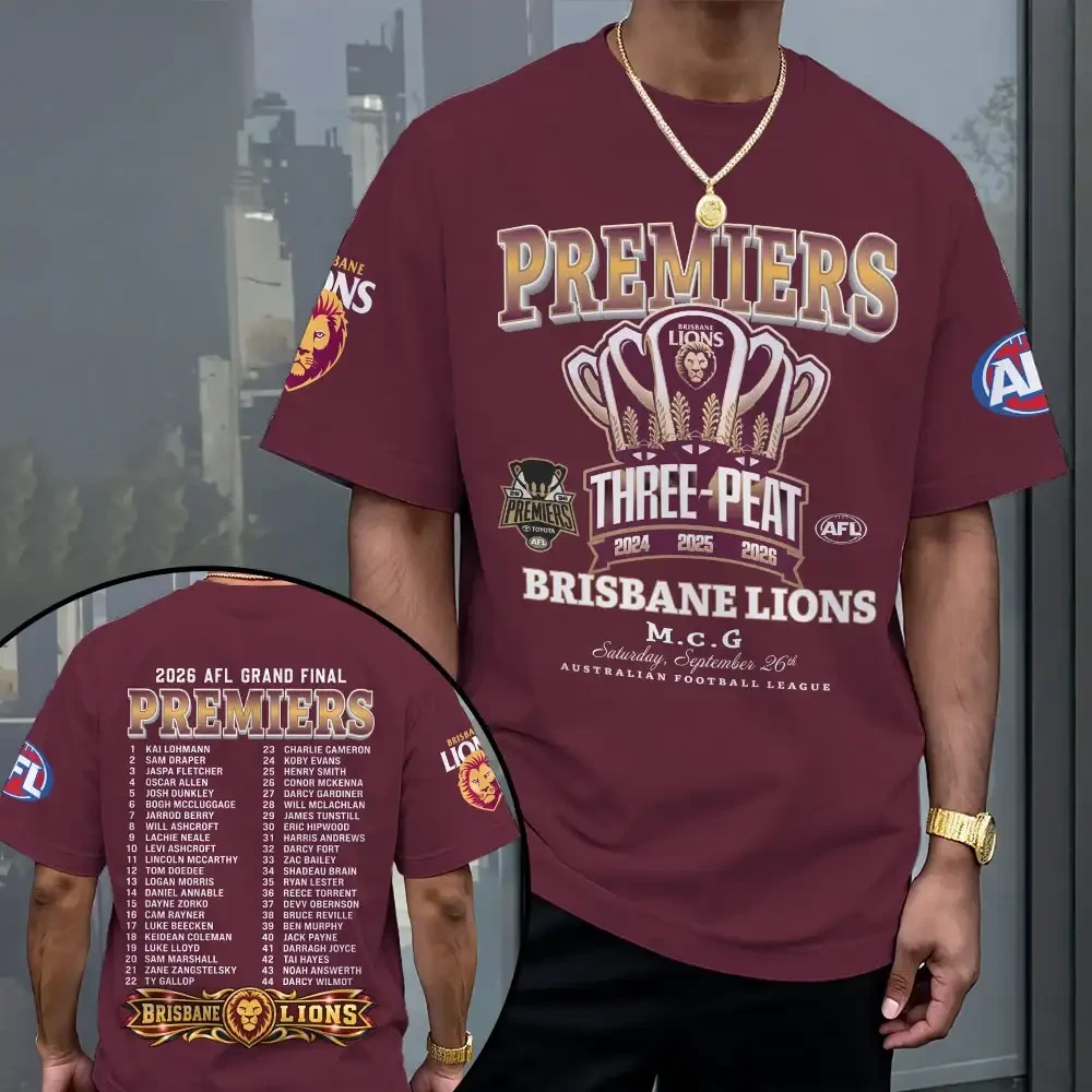 Brisbane Lions Merch Premiers Three Peat Brisbane Lions T-Shirt AFL Fans Gift Ideas 1 - Unicasport Brisbane Lions Merch Premiers Three Peat Brisbane Lions T-Shirt AFL Fans Gift Ideas