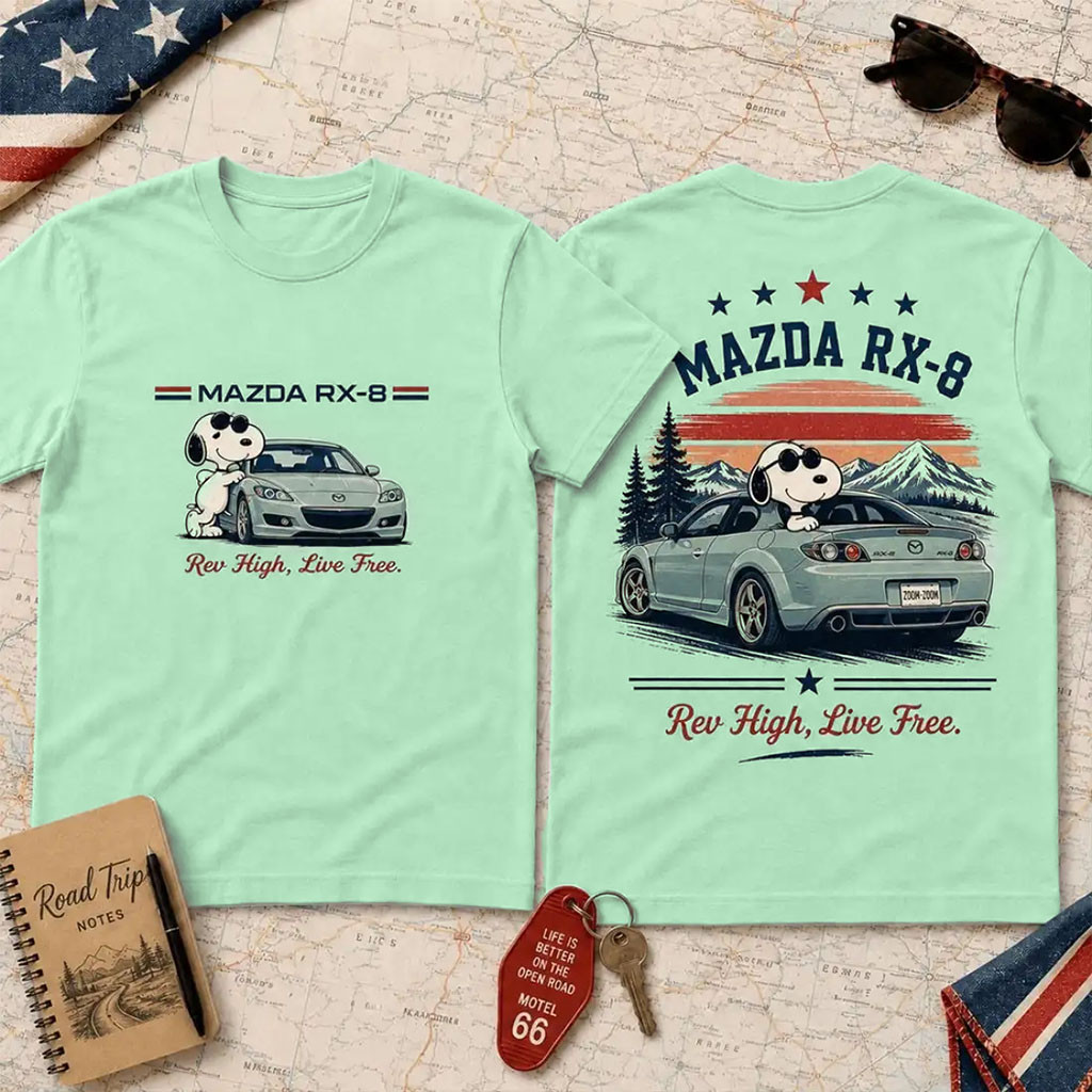 Snoopy x Mazda RX8 Rev High JDM Sports Car T-Shirt Japanese Racing Apparel Gifts For Car Lover 1 - Unicasport Snoopy x Mazda RX8 Rev High JDM Sports Car T-Shirt Japanese Racing Apparel Gifts For Car Lover