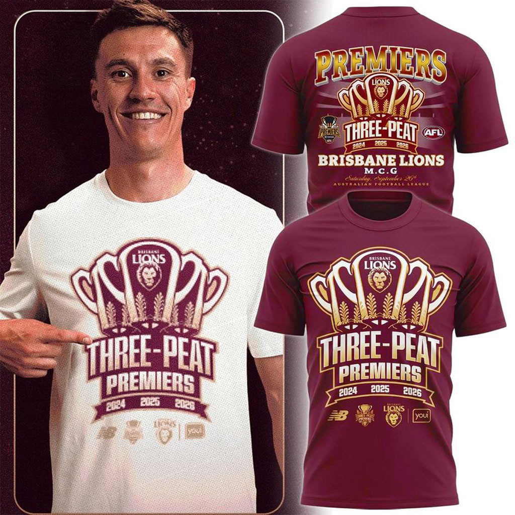 Brisbane Lions 2026 Three-Peat Premiers Champions T-Shirt Brisbane Lions Merch AFL Fan Gifts