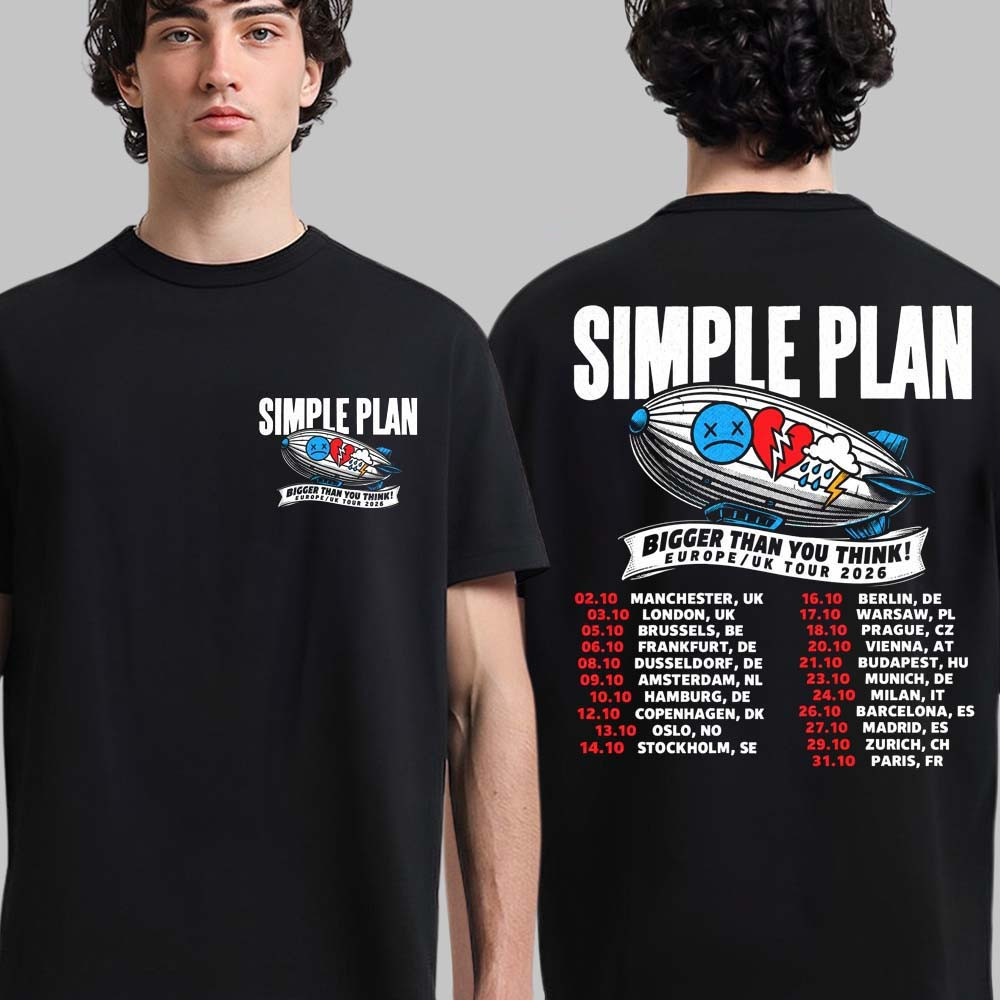Simple Plan Bigger Than You Think Europe And UK Tour 2026 Merch Zeppelin With Dates T-Shirt Fans Gear 1 - Unicasport Simple Plan Bigger Than You Think Europe And UK Tour 2026 Merch Zeppelin With Dates T-Shirt Fans Gear