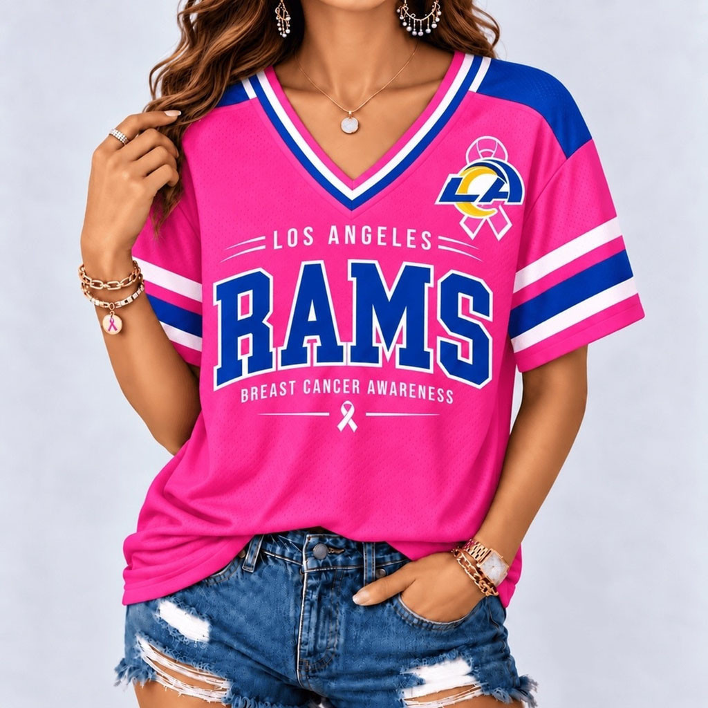 Los Angeles Rams Merch Breast Cancer Awareness V-Neck Shirt Football Gift For Game Day 1 - Unicasport Los Angeles Rams Merch Breast Cancer Awareness V-Neck Shirt Football Gift For Game Day