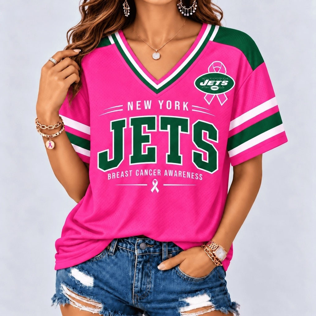 New York Jets Breast Cancer Awareness V-Neck Shirt NY Jets Merch Breast Cancer Survivor Gifts 1 - Unicasport New York Jets Breast Cancer Awareness V-Neck Shirt NY Jets Merch Breast Cancer Survivor Gifts