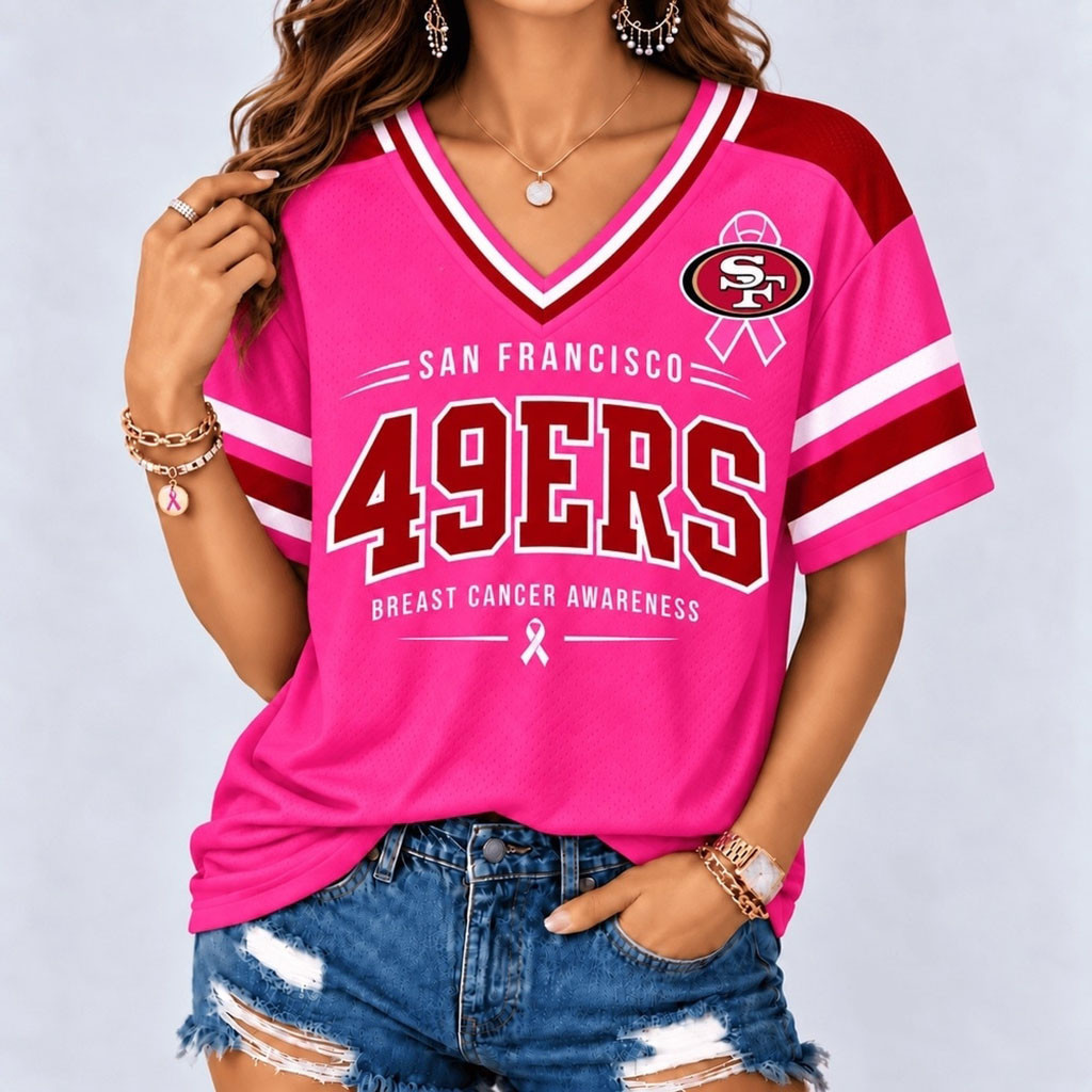 San Francisco 49ers Breast Cancer Awareness V-Neck Shirt SF 49ers Merch Gift For Game Day