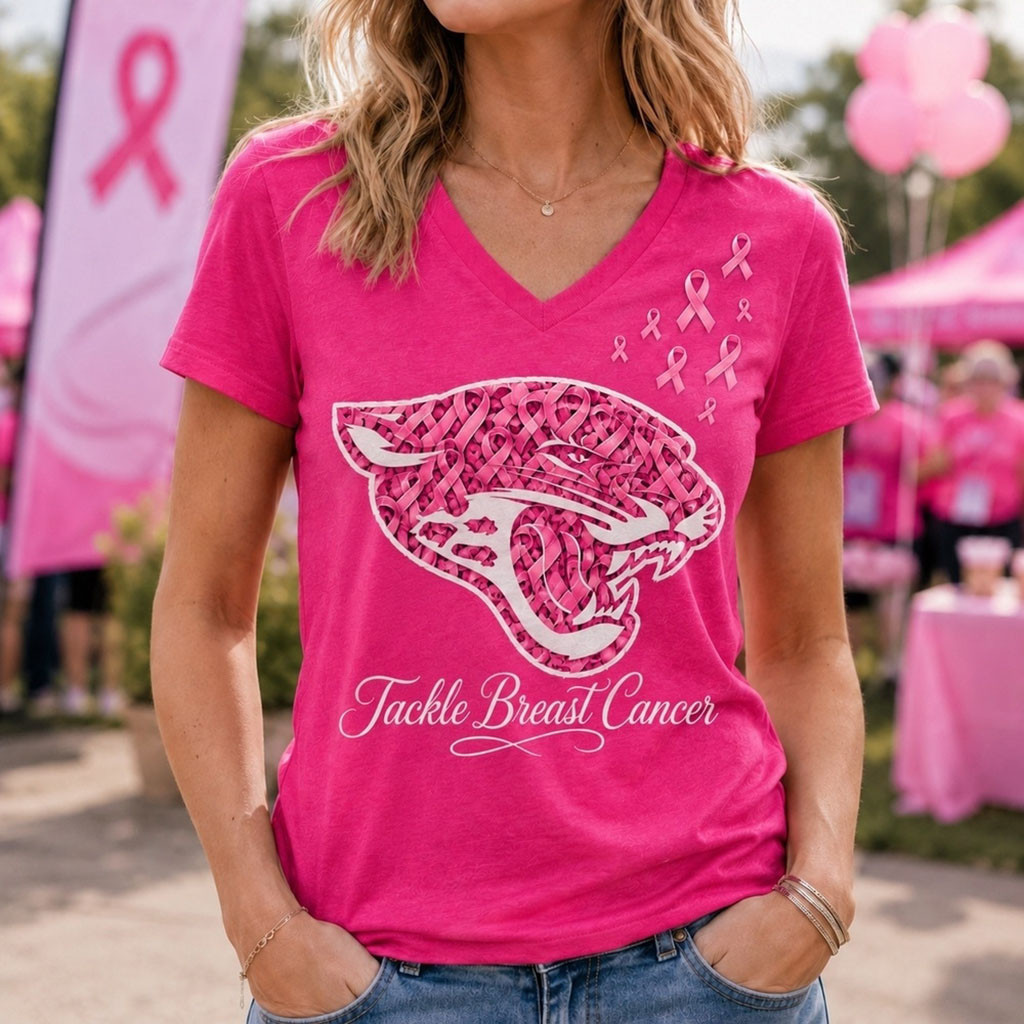 Jacksonville Jaguars Merch 2026 Tackle Breast Cancer V-Neck Shirt Cancer Fighter Gifts 1 - Unicasport Jacksonville Jaguars Merch 2026 Tackle Breast Cancer V-Neck Shirt Cancer Fighter Gifts