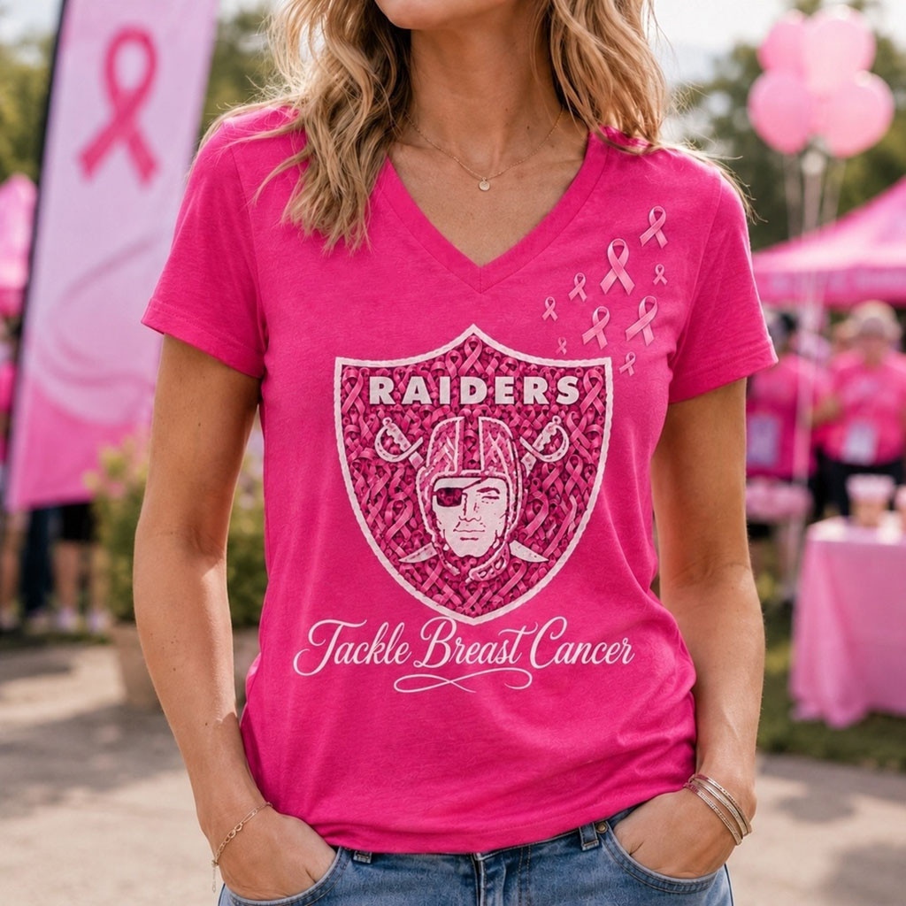 Las Vegas Raiders Merch 2026 Tackle Breast Cancer V-Neck Shirt Cancer Survivor Gift 1 - Unicasport Las Vegas Raiders Merch 2026 Tackle Breast Cancer V-Neck Shirt Cancer Survivor Gift